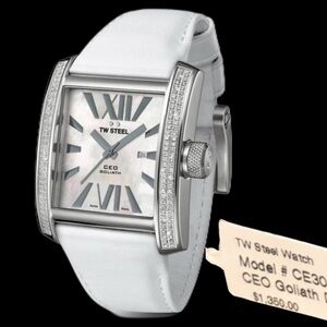 TW Steel Watch CEO Goliath with Diamonds, Leather Strap in White, WaterResistant